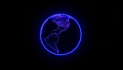 Digital futuristic representation of planet Earth with a blue neon glow, symbolizing global connection and cyberspace.