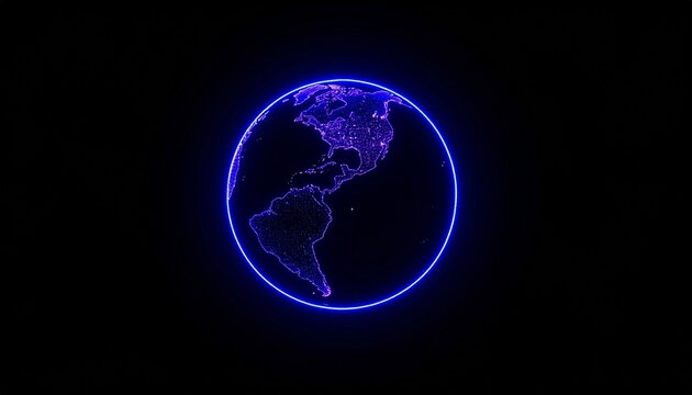Digital futuristic representation of planet Earth with a blue neon glow, symbolizing global connection and cyberspace.