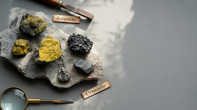 Uranium &ndash; Rocks and Minerals Mineral samples on stone display, classroom