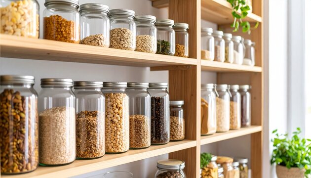 Organized kitchen pantry with wooden shelves full of glass jars containing various grains and seeds. Zero-waste food storage concept.