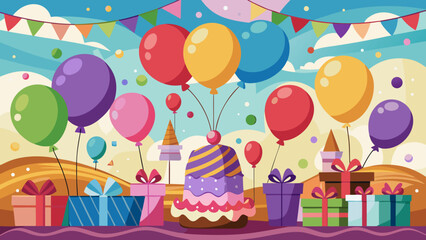 Fototapeta premium Vector art of a vibrant birthday celebration scene with a tiered cake, colorful balloons, festive bunting, and wrapped gifts, creating a joyful and exciting atmosphere for a special occasion