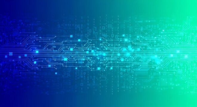 Abstract circuit board technology background with binary code data flow