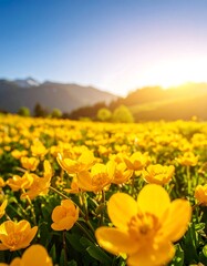 Fototapeta premium Yellow flowers field, mountains, sunrise