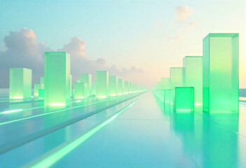 Futuristic Cityscape of Glowing Green Glass Buildings