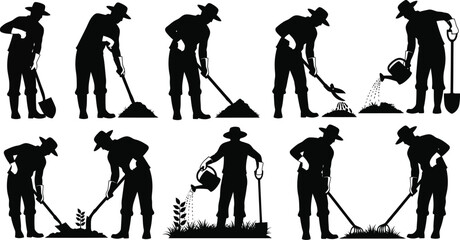 Obraz premium Silhouetted farmers gardening with tools