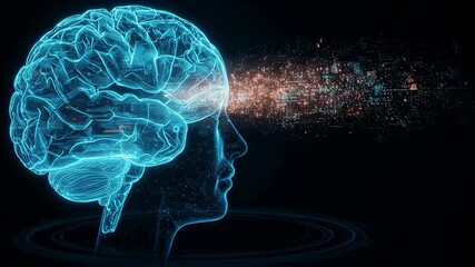 Holographic human head with glowing brain. Future artificial intelligence and digital technology concept. Neural network communication footage. - Powered by Adobe
