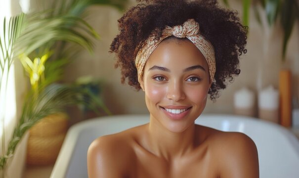 Happy mixed-race Black female relaxing in her bathroom, positivity, self-love, and confidence in a serene environment, Generative AI - Powered by Adobe
