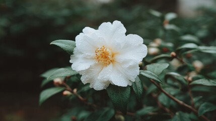 Obraz premium Delicate White Flower With Raindrops Surrounded By Lush Green Leaves
