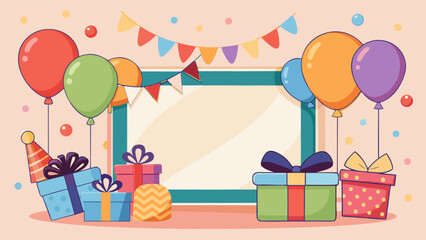 Vector art of cheerful birthday arrangement with balloons, gift boxes, party hat, and bunting, surrounding a blank frame for custom messages or images