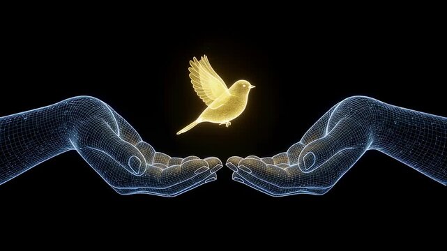 Digital wireframe hand holding a golden glowing bird. Abstract concept of freedom, peace, or technology. Hologram animation.