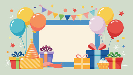 Obraz premium Vector art of vibrant birthday celebration with assorted balloons, gift boxes, party hats, and confetti, perfect for invitations and festive greetings