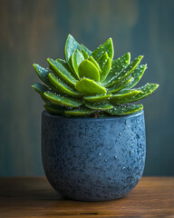 Green succulent displays water droplets in textured blue pot. Product staging, minimal design, nature posters.