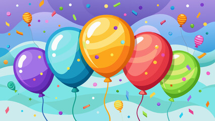 Vector art of a lively group of assorted colorful balloons ascend against a backdrop of swirling confetti and streamers, creating a cheerful and festive party ambiance
