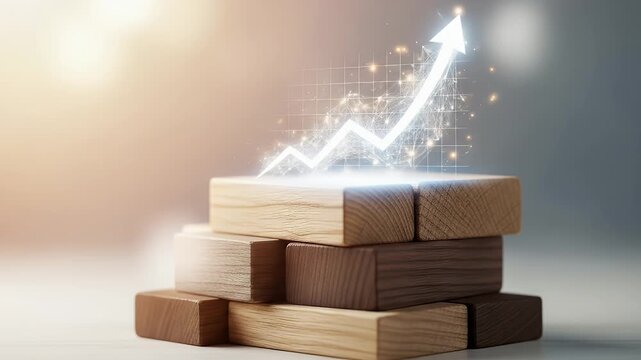 Wooden blocks stacked in ascending order with a glowing upward trending graph