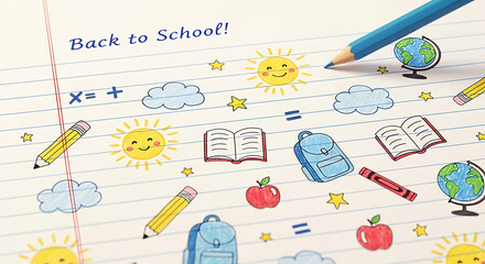 Back to school themed doodle on lined paper with school supplies and drawings of suns and clouds back to school ai generated