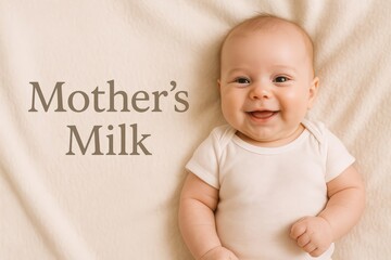 World Breastfeeding Week, mother's milk, smiling baby lying on soft diaper, baby food concept, newborn health