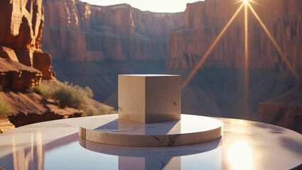 Product Display Pedestal in Grand Canyon Landscape with Sunbeams