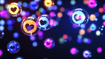 Colorful glowing heart icons in translucent bubbles - Powered by Adobe