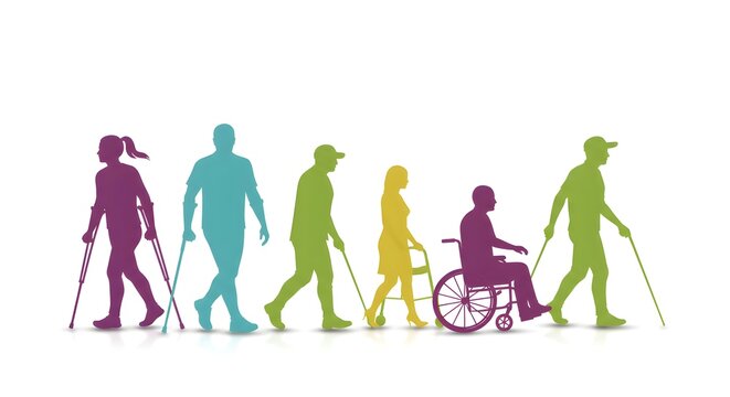 International Day of Persons with Disabilities Inclusive community concept with colorful silhouettes of people using crutches, a wheelchair, and walkers. Disability and accessibility illustration.