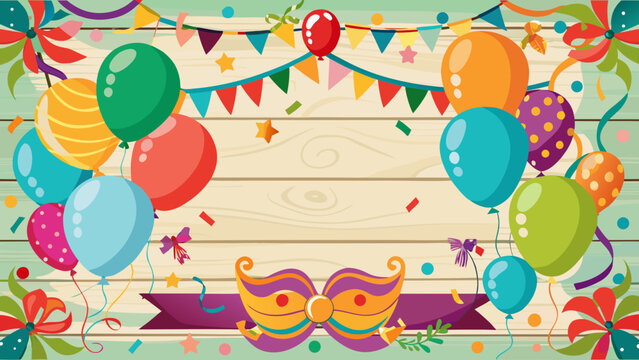 Vector art of a lively birthday party scene with assorted balloons, gift boxes, and festive decorations on a wooden background, providing space for personalized messages and invitations