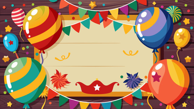 Vector art of festive balloons and party streamers surround a blank message area, ideal for creating personalized birthday cards, event invitations, or celebratory banners