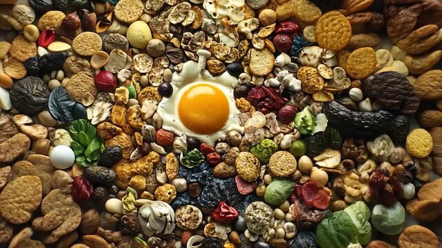 A fried egg artfully arranged among a diverse collection of seeds, nuts, and dried plant parts
