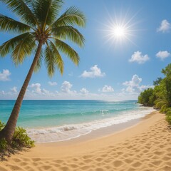Fototapeta premium Tropical Beach with Palm Tree and Bright Sunlight
