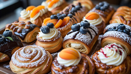 Assortment of Delicious Pastries with Fresh Fruit and Chocolate
