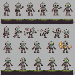 Vector sprite sheet of a broken robot character in multiple states: idle, glitching, falling apart, and sparks, for side-scrolling platform game.