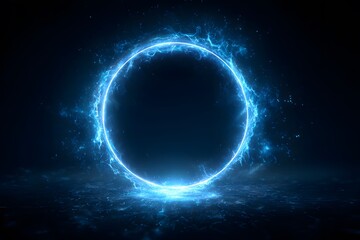 Fototapeta premium A blue, glowing ring frame against a black background. An abstract, futuristic technology concept with a light effect. 