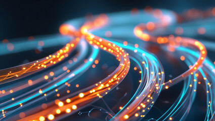 Abstract Optical Fiber Network with Glowing Data Streams