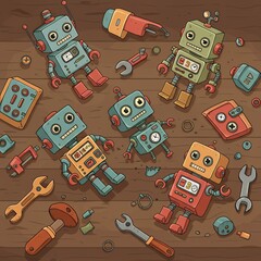 Cartoon vector of colorful broken toy robots scattered on a workshop table, with tools and spare parts around.