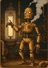 Steampunk vector of a broken brass robot leaking steam in a Victorian-style mechanical lab with gears and pipes.