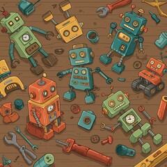 Cartoon vector of colorful broken toy robots scattered on a workshop table, with tools and spare parts around.