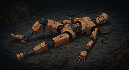 Vector illustration of a rusted humanoid robot with broken limbs and exposed wires, lying abandoned in a dark futuristic scrapyard.