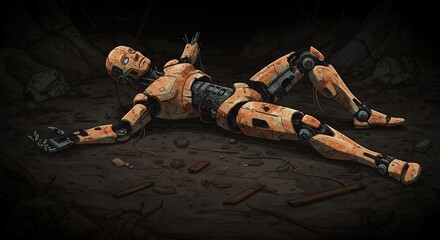 Vector illustration of a rusted humanoid robot with broken limbs and exposed wires, lying abandoned in a dark futuristic scrapyard.
