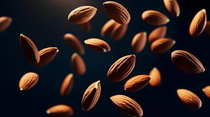 Flying almonds on a dark background, healthy and delicious nuts in mid-air, a perfect snack and ingredient.