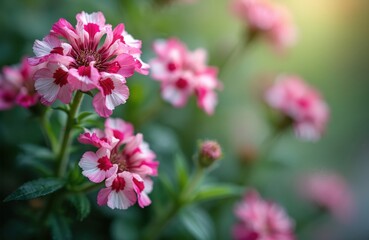 Close-up of pink, white Dianthus barbatus flowers, also known as Sweet William. Delicate petals display striking bicolor pattern, blooming in garden setting. Ideal for themes of nature, summer,