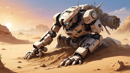 Vector illustration of a destroyed combat robot lying half-buried in sand, with broken armor and desert sunset in background.