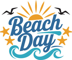 Beach Day Vector with Sun, Waves, Birds and Starfish