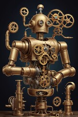 Steampunk vector of a broken brass robot leaking steam in a Victorian-style mechanical lab with gears and pipes.