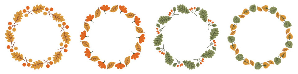 Fototapeta premium Set of four round autumn wreaths made of seasonal leaves in yellow, red, beige, and green tones arranged in botanical circular frames on white background.