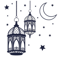 Ramadan lanterns and crescent moon with stars