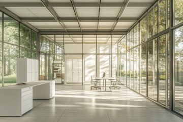 Obraz premium Modern office workspace with large glass windows