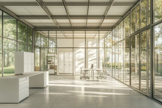 Modern office workspace with large glass windows