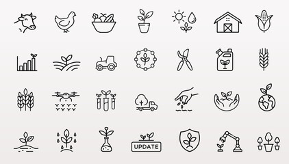 Agriculture icon set illustration. Farm life cultivation symbols depict agriculture farming. Agriculture business organic food landscaping gardening. Simple outline light background vector