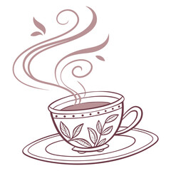 Steaming cup of tea with floral design and swirling steam