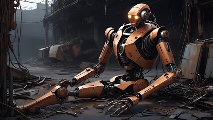 Vector illustration of a rusted humanoid robot with broken limbs and exposed wires, lying abandoned in a dark futuristic scrapyard.