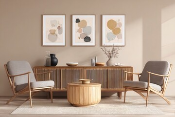 Beige living room with art and wood furniture