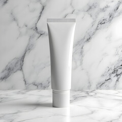 White tube reflects light on marbled surface. Modern product mockup for skincare, hygiene, or cosmetics.
